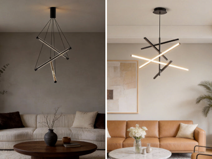 Modern geometric chandelier lighting installed in a contemporary living room.
