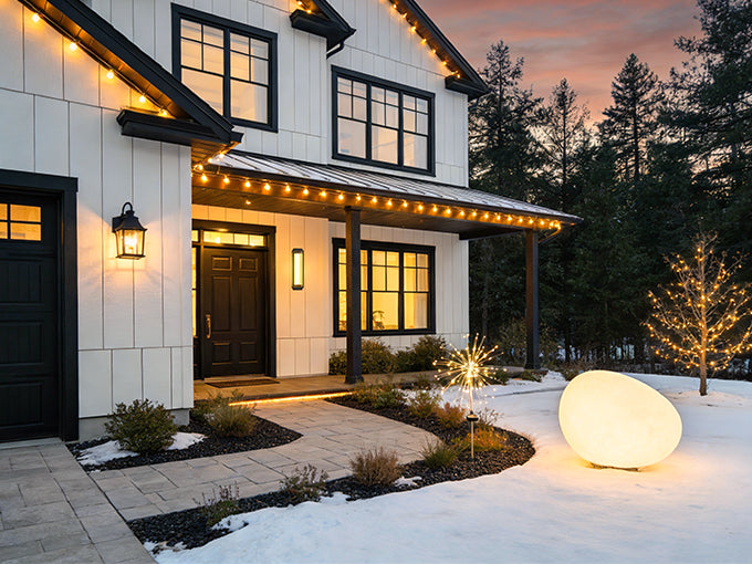 Modern home exterior decorated with warm white holiday outdoor string lights along the roofline