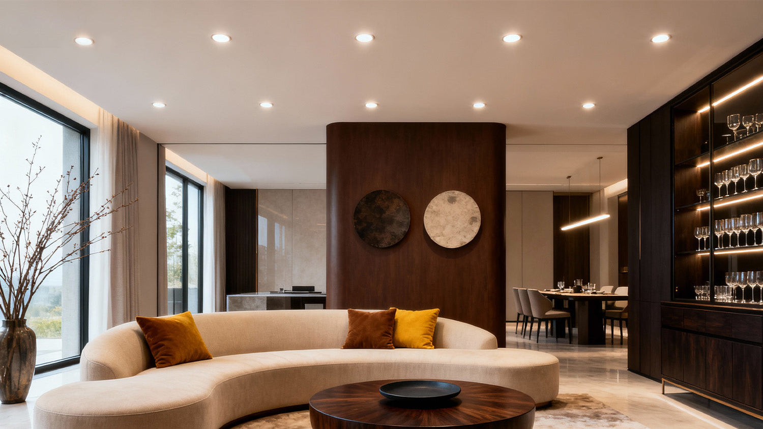 A warm, modern living room with evenly spaced recessed ceiling lights