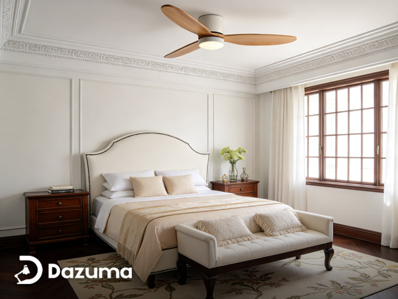 Flush mount ceiling fan with light for low ceiling bedroom.