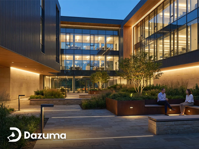 Modern office courtyard with warm architectural lighting, outdoor seating, and landscaped planters at dusk.