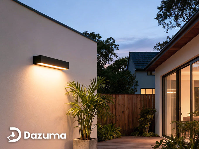 modern outdoor wall light mounted on house exterior illuminating patio at night.