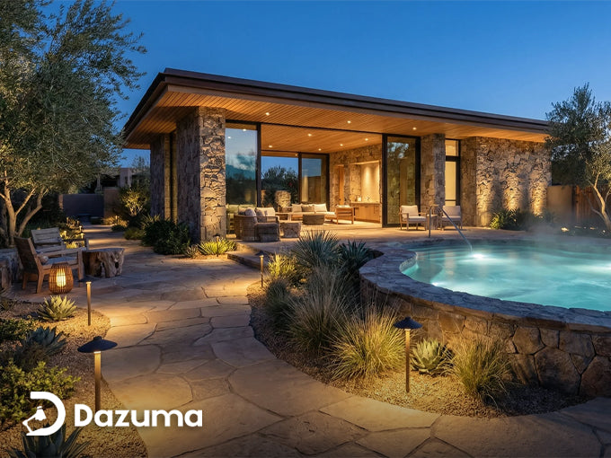 Modern poolside patio with warm landscape lighting and stone accents.