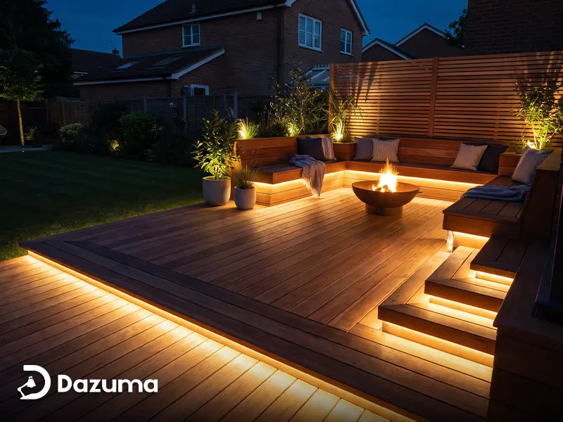 outdoor LED strip lights hidden around deck edges and patio steps