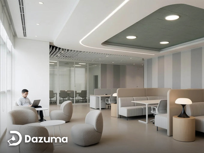 Modern office lounge area at Northforge Innovation Studio featuring soft recessed ceiling lighting and minimalist interior design.