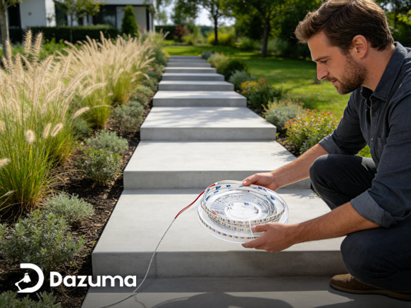 Cutting outdoor LED strip lighting at designated cut points.