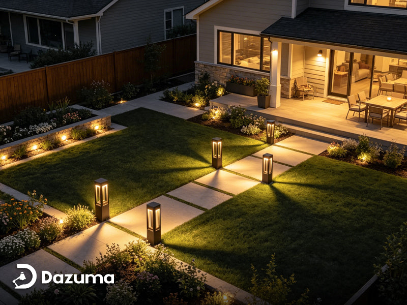outdoor backyard lighting zones creating distinct living areas at night