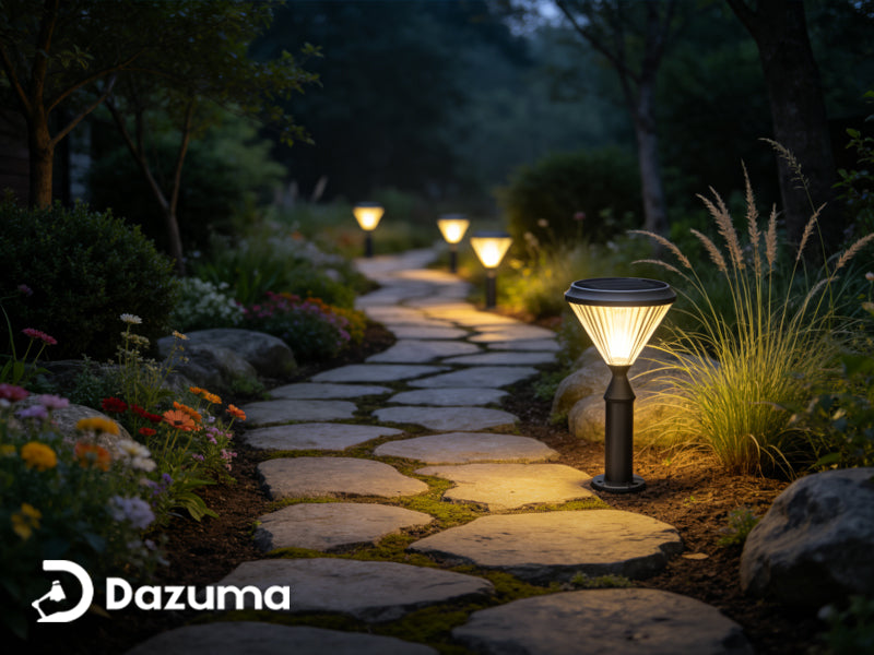 placing solar landscape lights along modern garden pathway