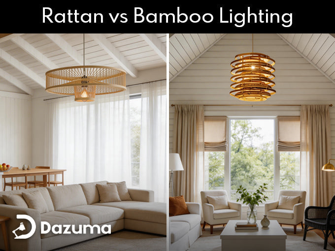 rattan vs bamboo lighting comparison in a modern living room interior.