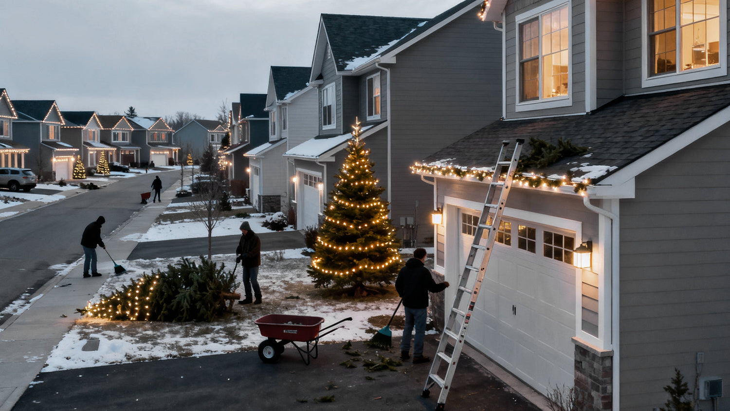 Homeowner safely removing outdoor Christmas lights after winter using a ladder.