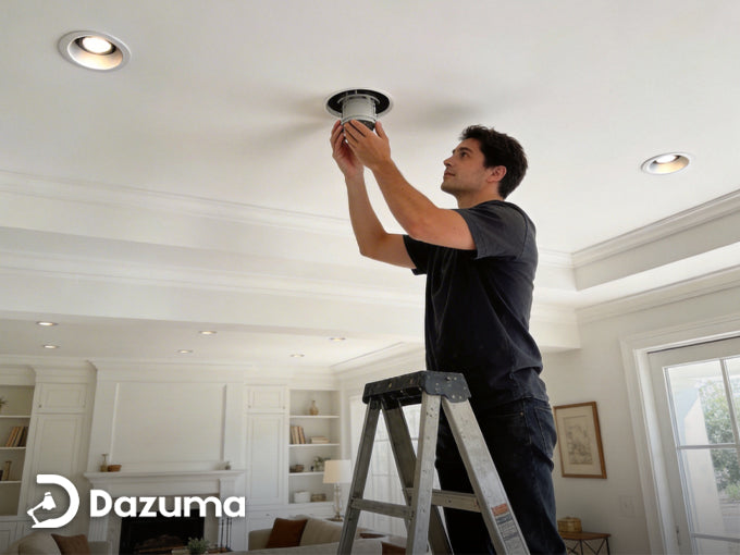 Replacing a recessed light fixture using a ladder in a modern home