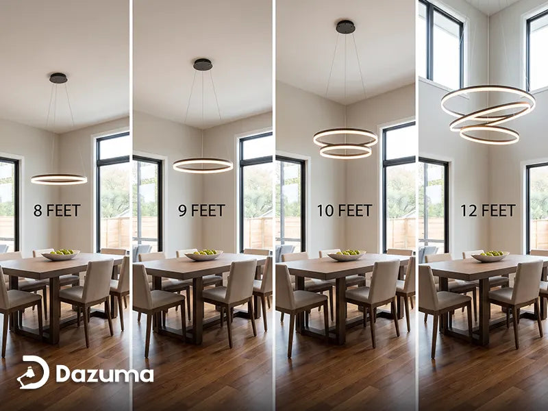 ring chandelier sizes compared across eight nine ten and twelve foot ceilings