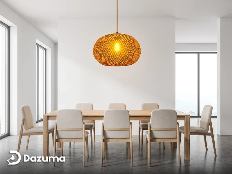 rustic wood chandelier in a clean modern dining room