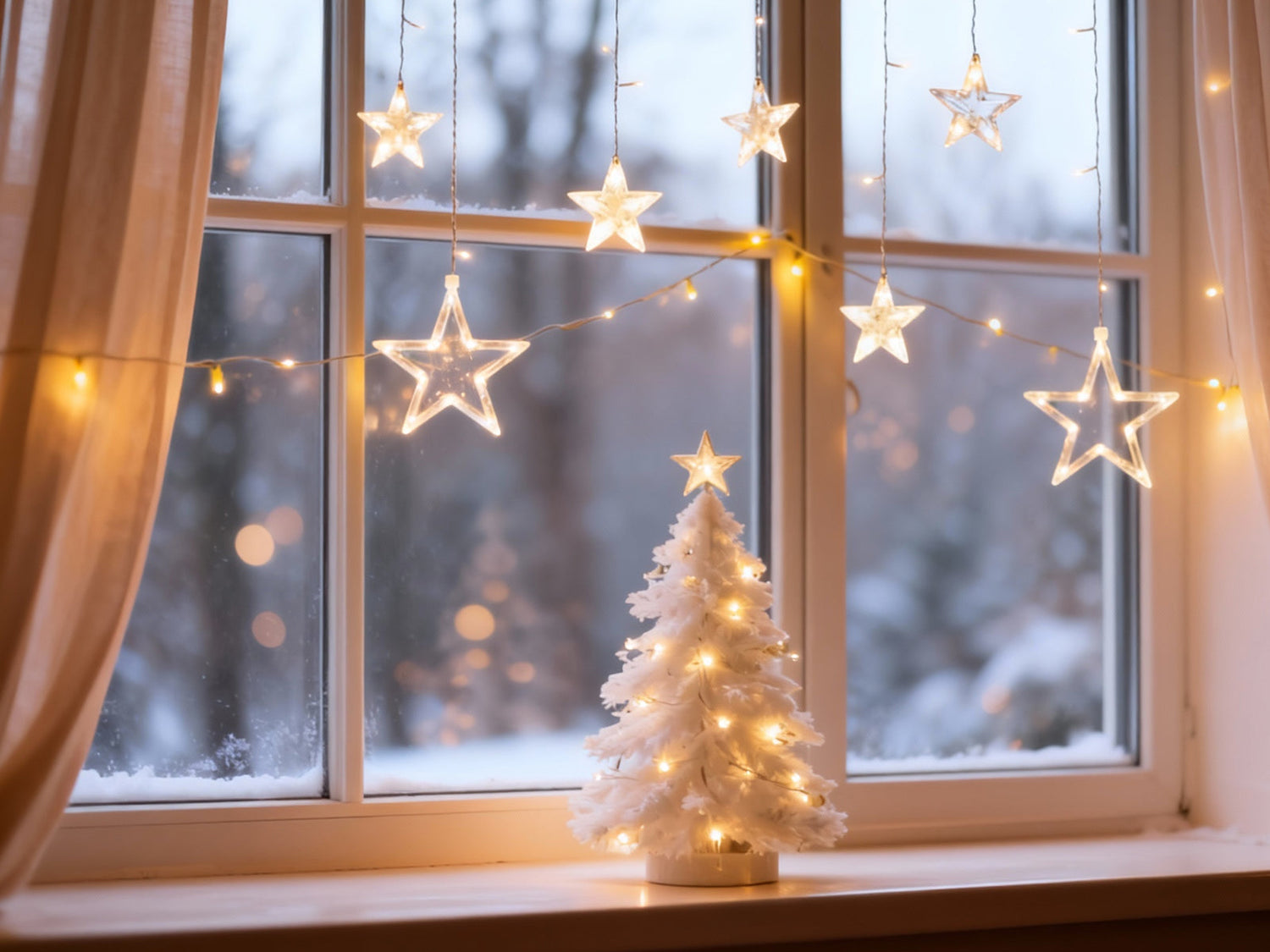 small white christmas tree near the window decorated with blinking stars