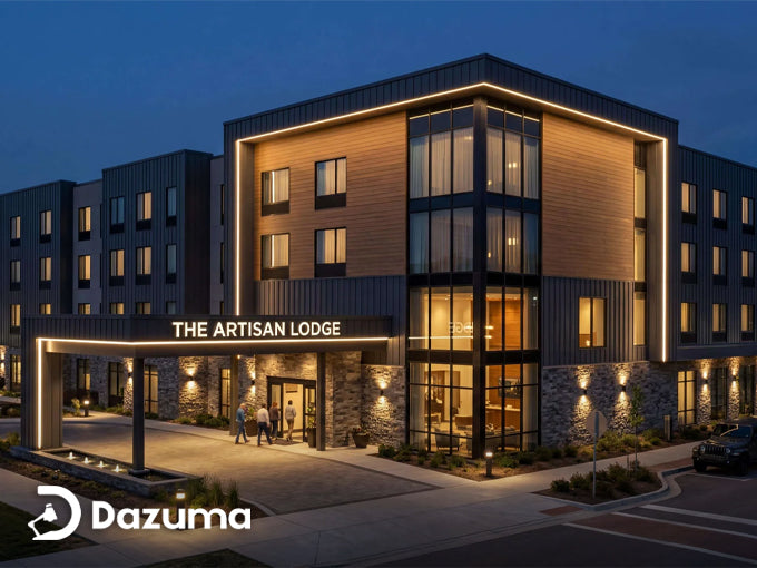 Warm exterior lighting enhances the modern architecture and welcoming atmosphere of The Artisan Lodge.