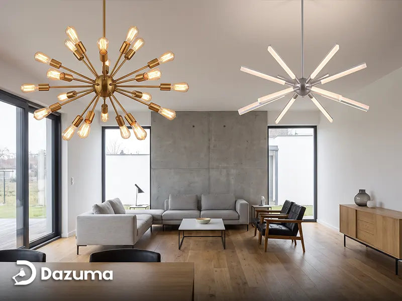 traditional and modern Sputnik chandeliers compared in contemporary interiors