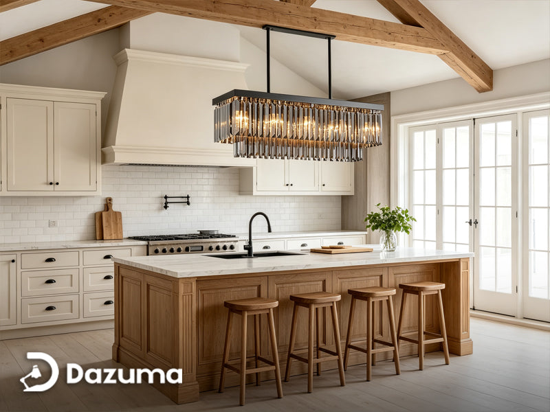 Modern farmhouse kitchen lighting with pendant lights and chandeliers.