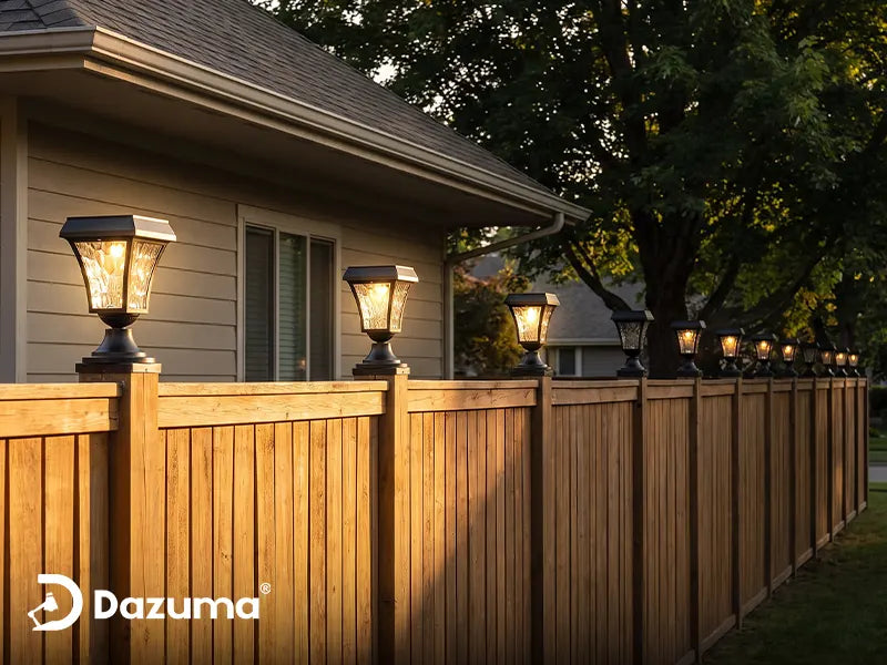 Solar post cap lights receiving different amounts of direct sun on a fence.