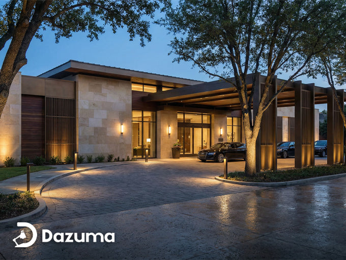 Modern workplace courtyard entrance with warm exterior lighting and covered drop-off area at dusk.