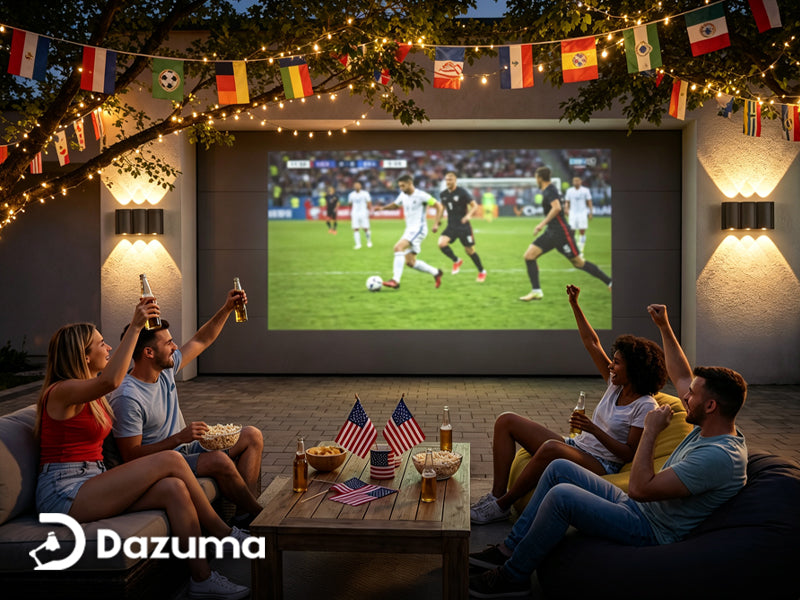 world cup party string lights decorating outdoor viewing area