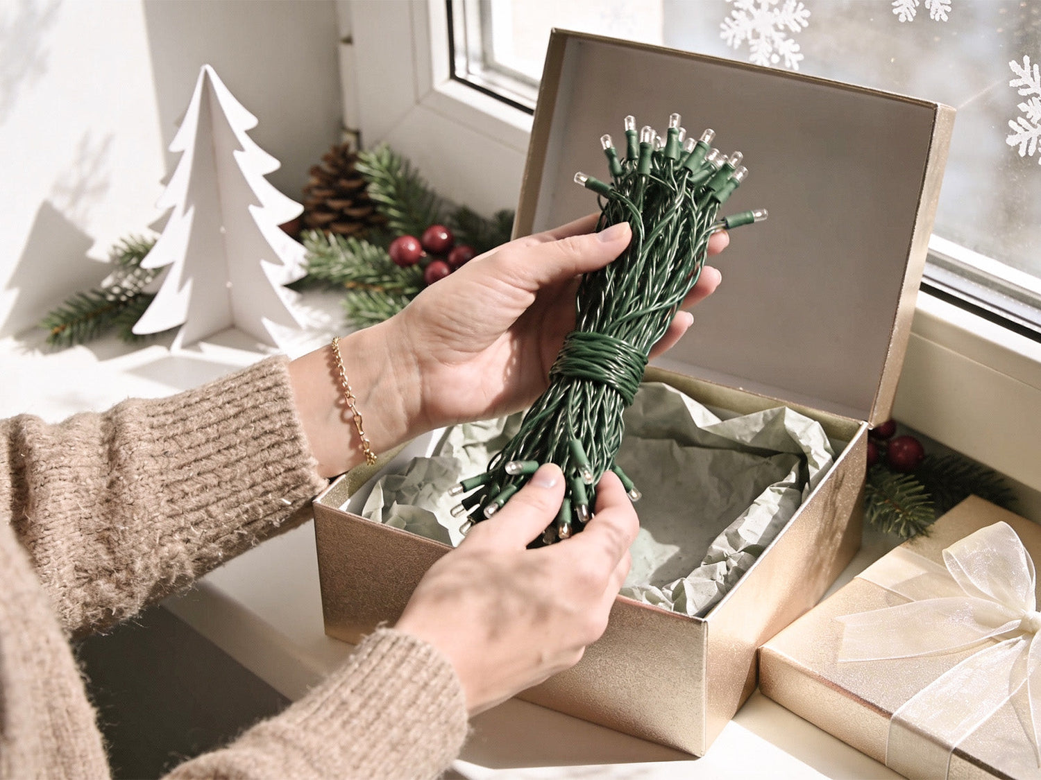 Zigzag method for storing Christmas lights to prevent tangles