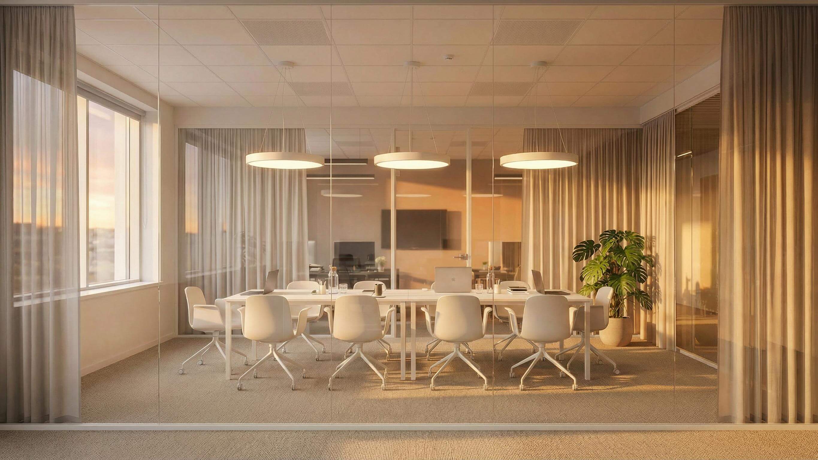 Modern round LED panel pendant lights illuminating a sleek corporate conference room during sunset.