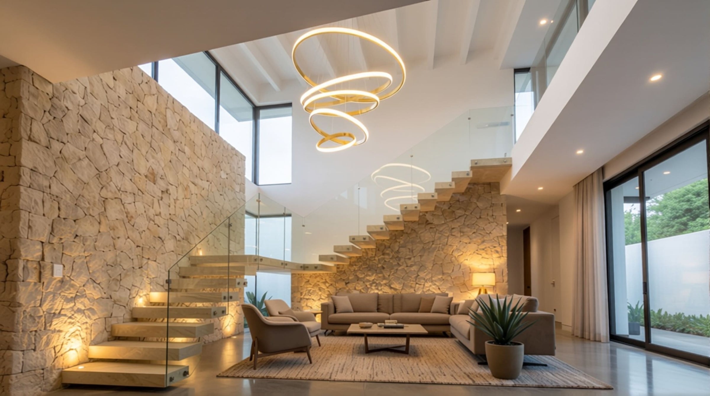 Covered patio fireplace lighting project, showing warm ceiling and wall light for outdoor seating comfort