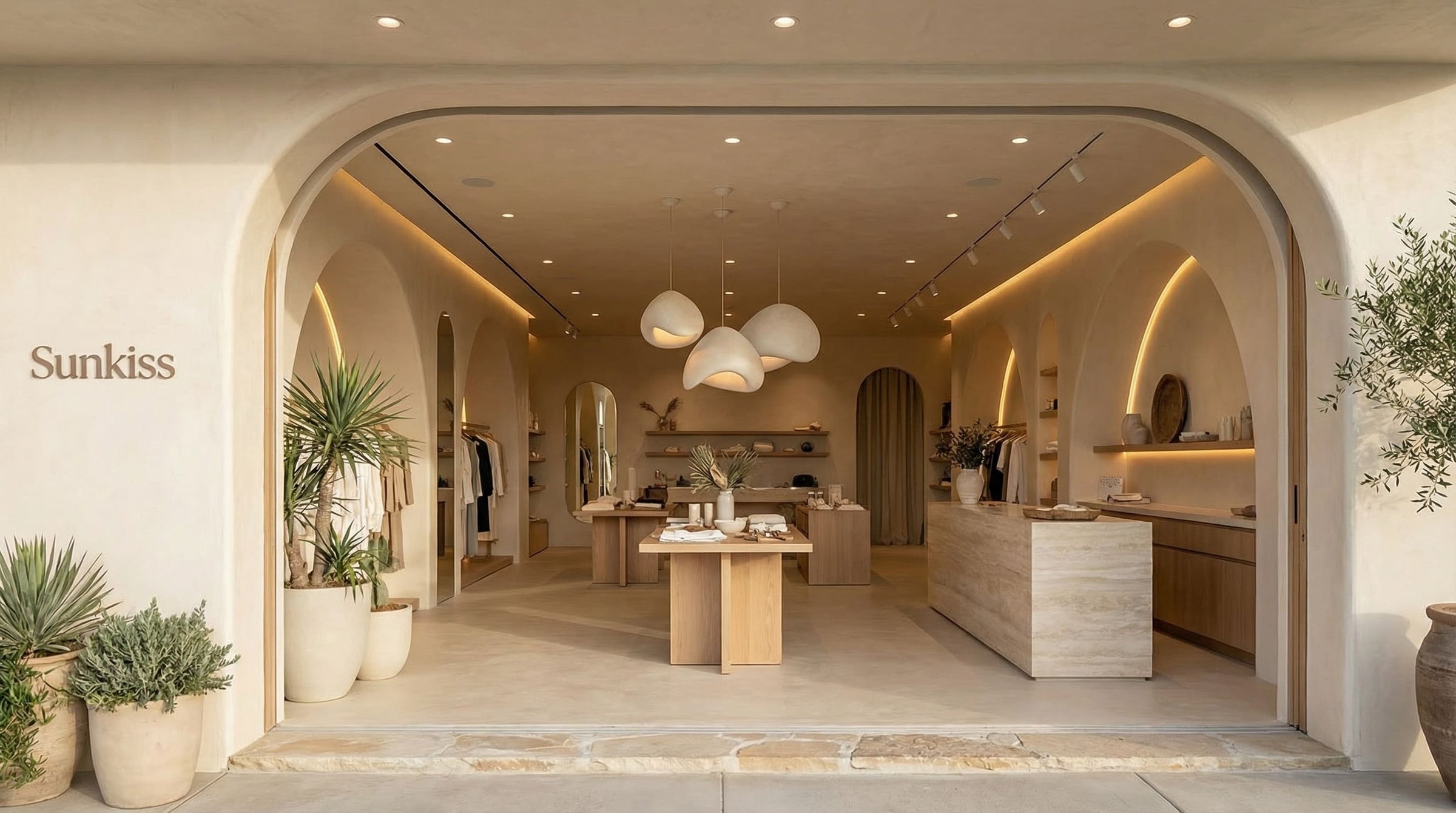 Boutique retail pendant lighting over product displays, showing focused light for merchandise presentation