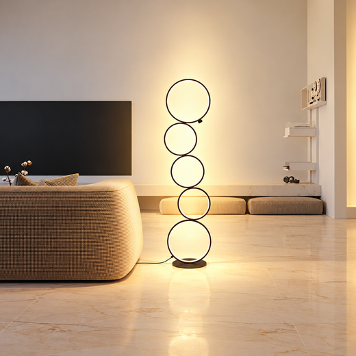 Sleek decorative floor lamps with circular LED design, enhancing a modern living room with beige tones.