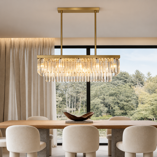 Gold rectangular chandelier with crystal droplets, illuminating a modern dining room.
