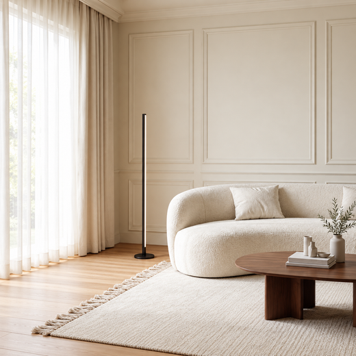Linear floor lamp illuminating a cozy modern living room with warm ambient glow.