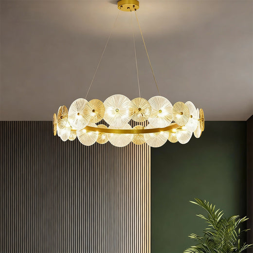 Large glass chandelier in a luxurious bedroom, elegant and opulent lighting solution