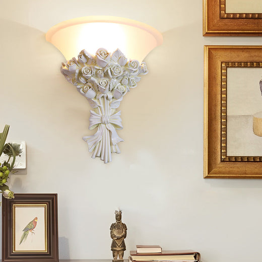 Retro Resin Roses Bouquet Glass European-Style Wall Lamp Wall Light Fixture - Dazuma