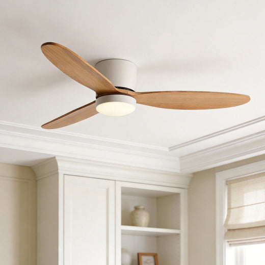 Flush mount natural wood ceiling fan with light featuring three light oak blades and a white motor housing.