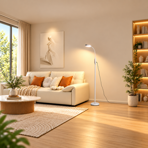 Elegant led reading floor lamp creating cozy reading nook with comfortable seating arrangement
