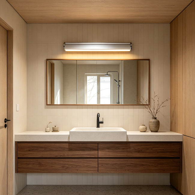 Modern silver wall lights above a wooden vanity mirror creating warm illumination in a minimalist bathroom interior.