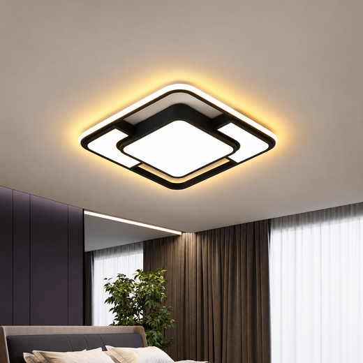Modern square flush mount ceiling light with indirect halo lighting effect