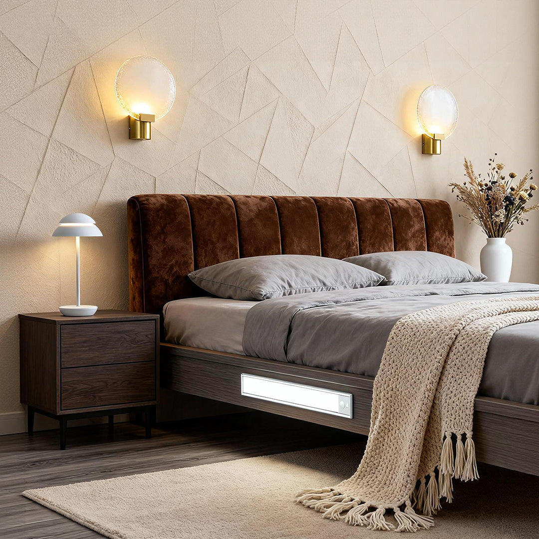Bedroom Lighting Suite: Glass Sconces, Table Lamp & Under-Bed Light