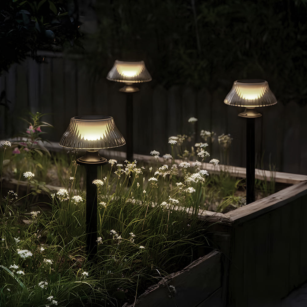 Multiple solar garden lights creating enchanting nighttime illumination along planted garden border areas
