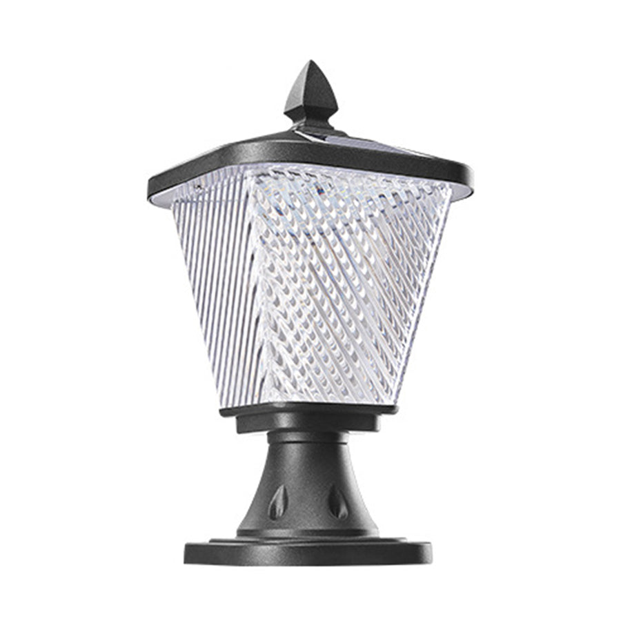Diamond-pattern textured glass post light with black metal frame and decorative crown
