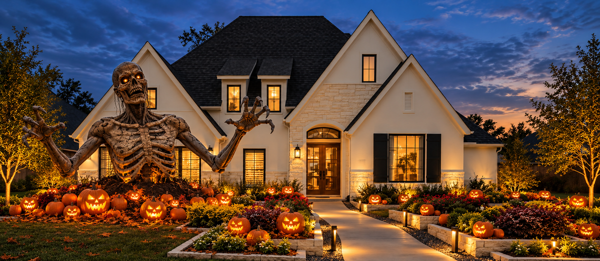 A white gabled home at dusk with warm facade, garden and pathway lighting
