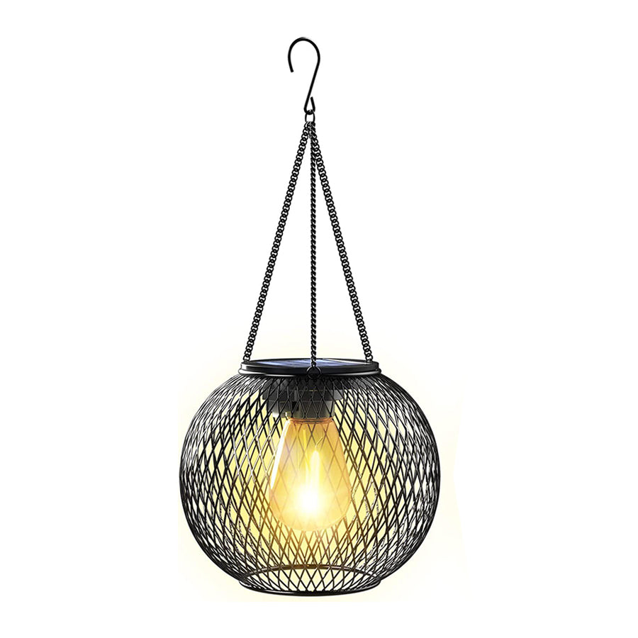 Illuminated basketweave hanging lantern with warm LED light creating cozy evening atmosphere