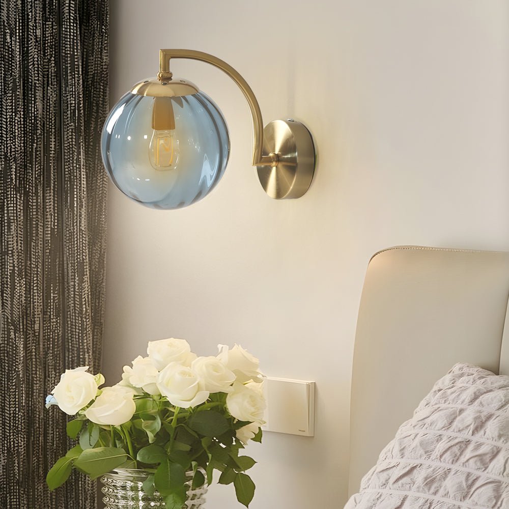 1 - Light Curved Arm Wall Sconce with Ball Rib Glass Ball Shade