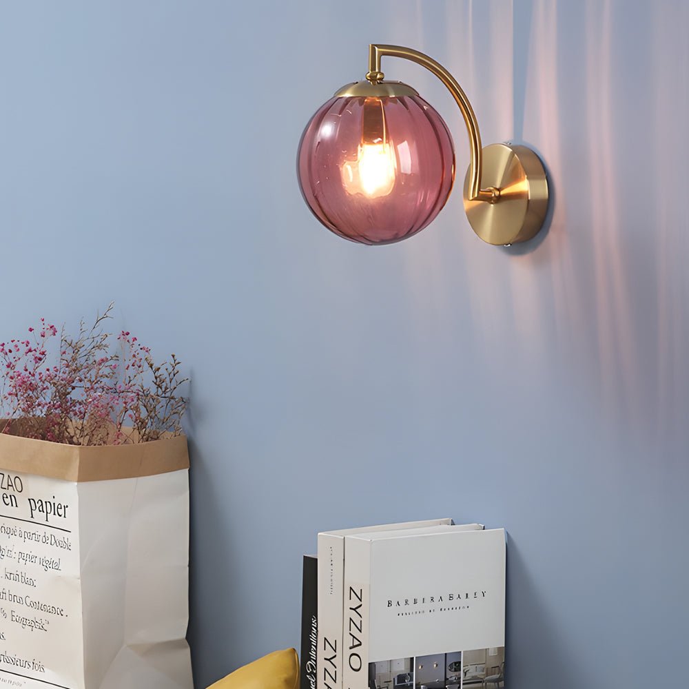 1 - Light Curved Arm Wall Sconce with Ball Rib Glass Ball Shade