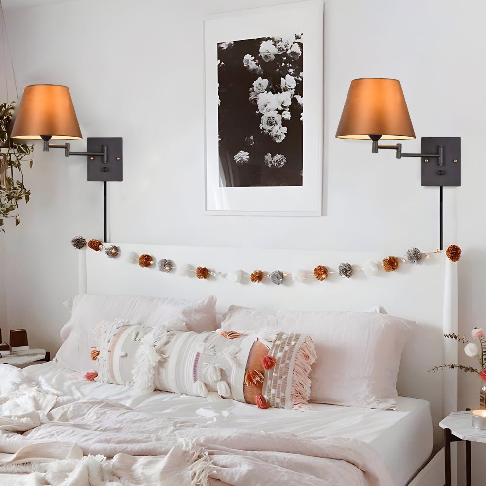 1 - Light Linen/Brown/White Plug - In Swing Arm Wall Lamp with Linen Shade