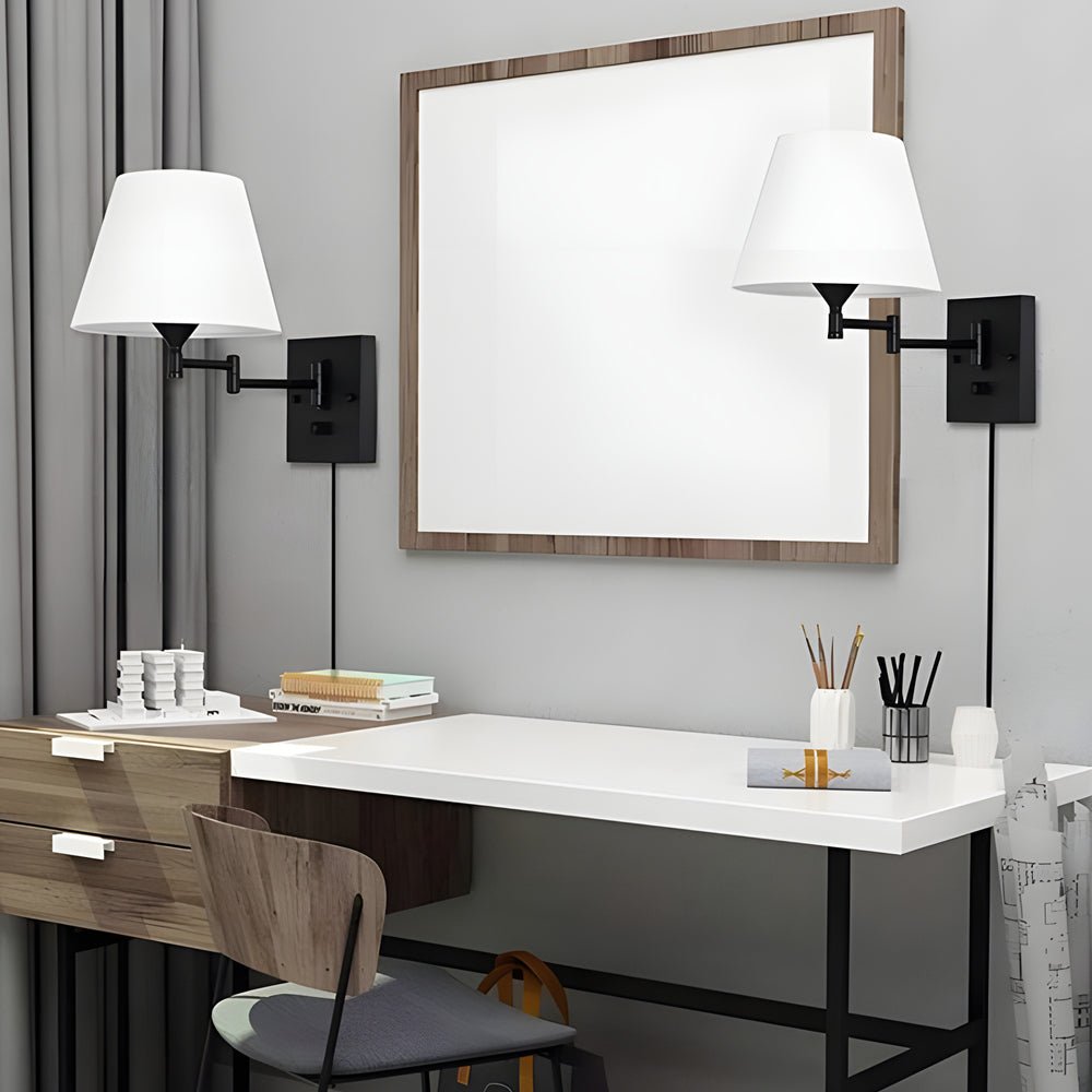 1 - Light Linen/Brown/White Plug - In Swing Arm Wall Lamp with Linen Shade