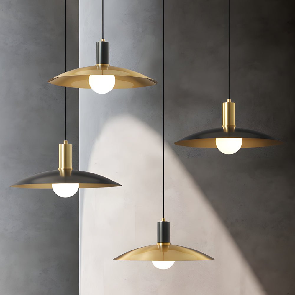 1 - Light Mid - Century Brass Flared Pendant Light with White Glass Shade