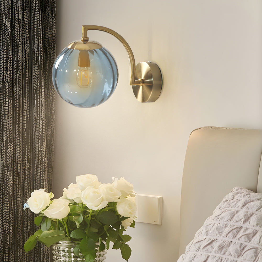 1-Light Curved Arm Wall Sconce with Ball Rib Glass Ball Shade