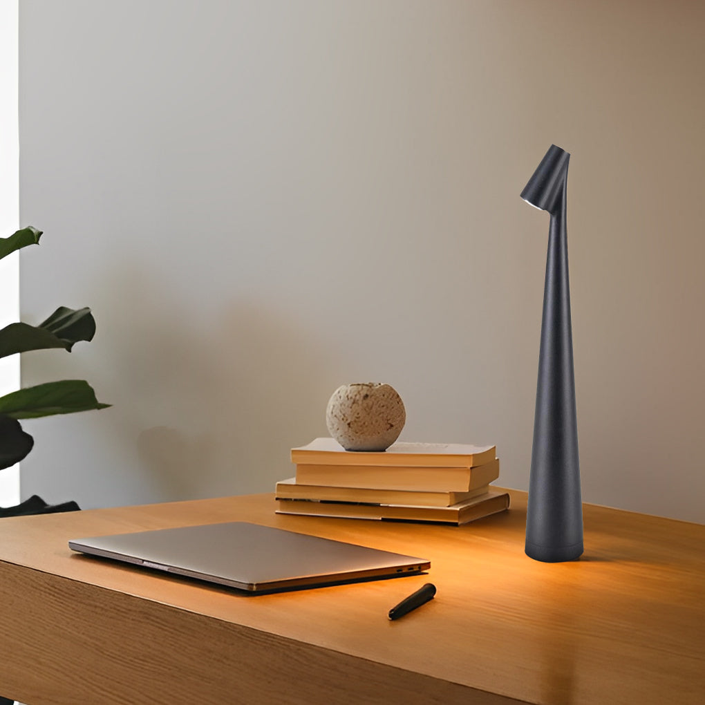 Slim Sculpting Conical Stem Table Lamp Downward-Sloping Head USB Rechargeable Task Lighting