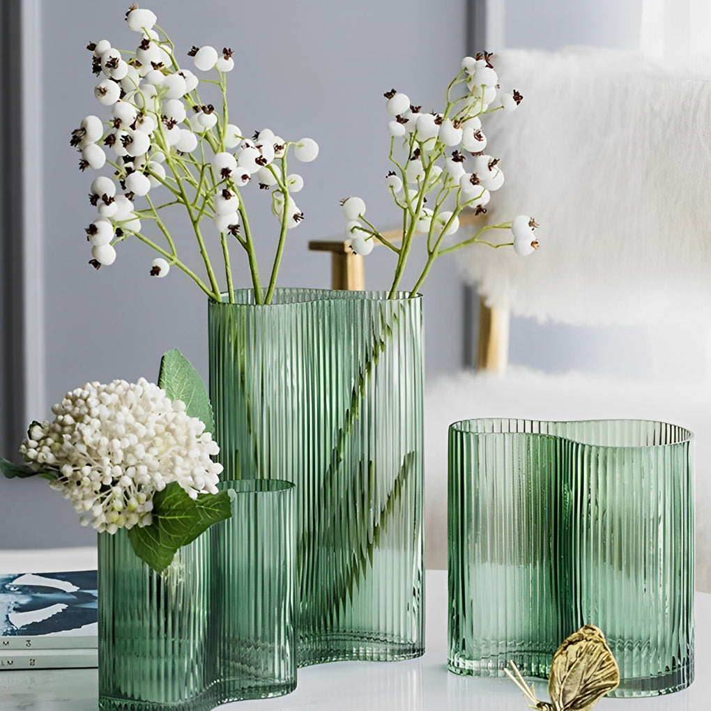 Nordic Modern Style Vertical Pattern Transparent Green Glass Flower Vases - Dazuma